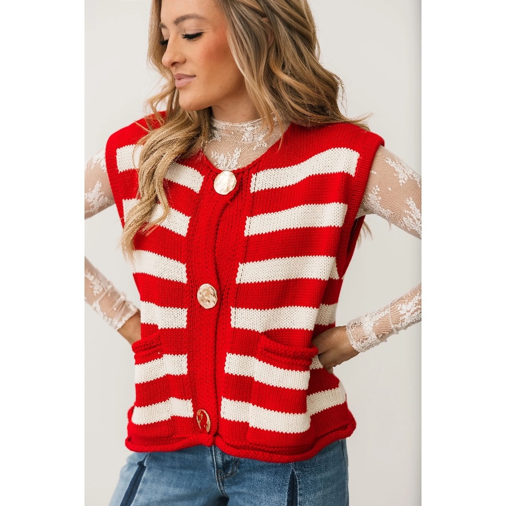 Women's bold awning red Stripe Knitted Vest sleeveless Cardigan gold Buttons NWT
